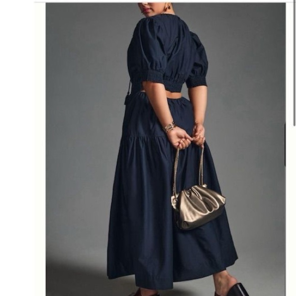 ANTHROPOLOGY MOON RIVER PUFF SLEEVE BACK CUTOUT SMOCKED WAIST MIDI DRESS SMALL - Picture 1 of 16